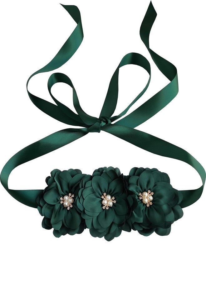 Oyabridal Flower Girl Sash Belt for Dresses Bride/Bridesmaid Sash Belts Flower Pearls Sashes for Wedding Dress (Hunter Green) - Image 1